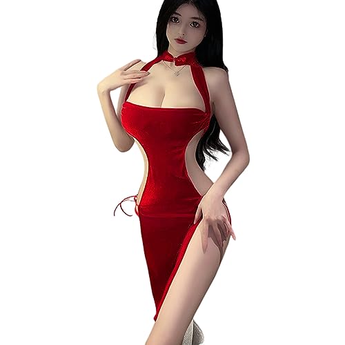 Temptshow Women's Chinese Cheongsam Cosplay Sexy Nightdress Anime Lingerie Pajamas - Red Wine1