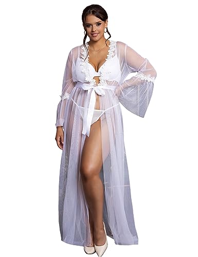 ohyeahlady Women Plus Size Lingerie Set Embroidered Mesh Sheer Lace Robe Kimono Dressing Gown Sexy Nightwear with G-string and Belt - White