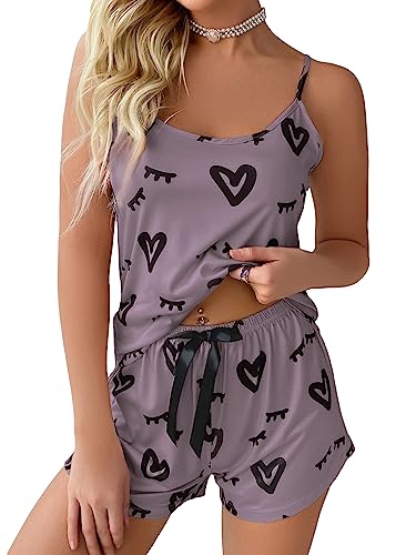 GORGLITTER Women's 2 Piece Heart Print Summer Pajama Set Scoop Neck Sleeveless Cami Tops and Shorts Loungewear - XL - Mauve Purple