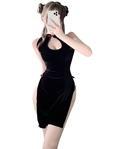 THSCWY Women High Slit Cheongsam Long Dress Hot Cosplay Lingerie for Women Qipao Sexy Nightdress Pajamas Black