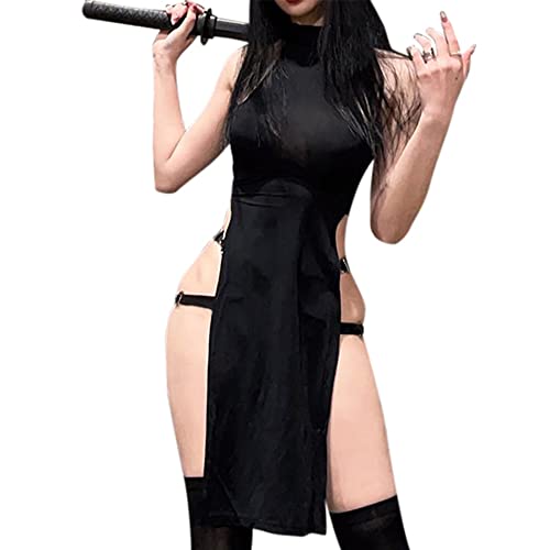 JasmyGirls Sexy Devil Cosplay Lingerie High Slit Babydoll Dress Halloween Anime Ninja Roleplay Outfit Goth High Waist Tank Dresses - Black - L