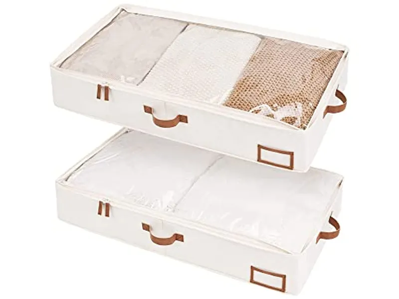 StorageWorks Underbed Storage Box, Under Bed Clothes Organizer With Sturdy Structure and Ultra Thick Fabric, Ivory White, Large, 2 pack