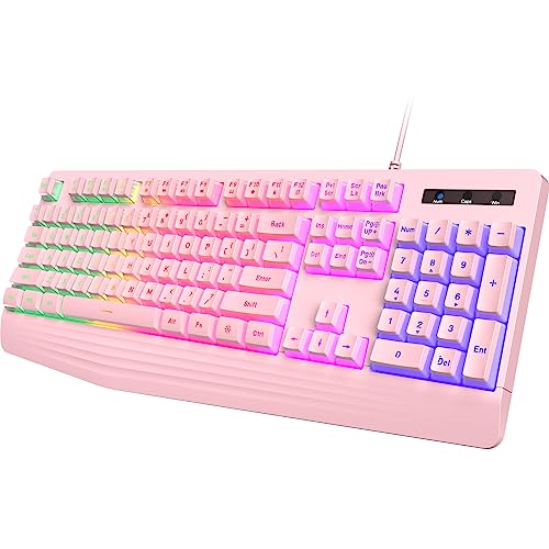 yesbeaut Pink Gaming Keyboard, Rainbow LED Backlit, 104 Keys Silent Light Up Creamy Keyboard with Wrist Rest, PBT Keycap, Anti-ghosting, Waterproof USB Wired Computer Keyboard for PC Mac Xbox - pink