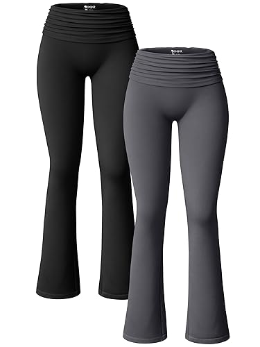 OQQ Women's 2 Piece Flared Pants Ribbed Fold Over Kick Ruched Stretch High Waist Casual Wide Leg - Black,darkgrey - Large