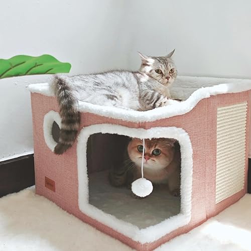 Spindro Large Cat Bed for Indoor Cats, Foldable Cat Cave for Pet Cat House Cube with Scratch Pad, Cute Kitten Condo Cat Hideaway Cat Hut with Soft Pillow Mat, 17x17x13 inches, Pink - 2 level (17"x17"x13") - Pink