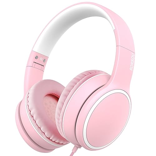 RORSOU R10 On-Ear Headphones with Microphone, Lightweight Folding Stereo Bass Headphones with 1.5M No-Tangle Cord, Portable Wired Headphones for Smartphone Tablet Computer MP3 / 4 (Pink) - Pink
