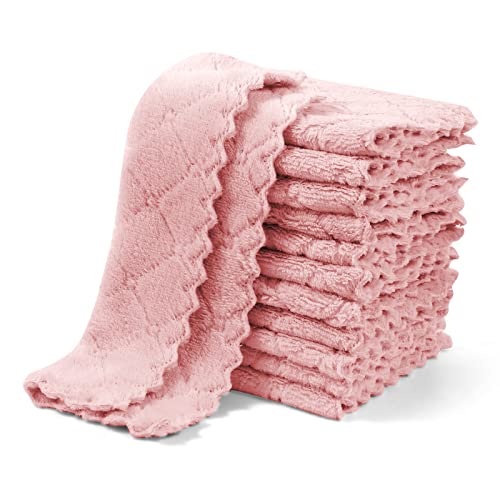 UMANI 12 Pack Kitchen Dish Cloths, Ultra Soft Absorbent Quick Drying Dish Towels, Nonstick Oil Microfiber Cleaning Cloth, Machine Washable Coral Fleece Cleaning Rags (Pink) - Pink