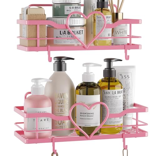 FLCITY Pink Shower Caddy with 4 Removable Hooks, 2 Pack Sweet Heart Shower Shelves,No Drilling Adhesive Organizer Shelf for Bathroom Shower,Kitchen,Bedroom - Pink