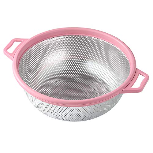 HiramWare Stainless Steel Colander With Handle and Legs, Large Metal Pink Strainer for Pasta, Spaghetti, Berry, Veggies, Fruits, Noodles, Salads, 5-quart 10.5” Kitchen Mesh Colander, Dishwasher Safe - Pink