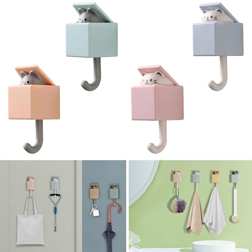 FUZSKWID 4 Pcs Cute Pet Hooks，Cat Key Hooks for Wall，Creative Adhesive Coat Hook for Coat, Scarf, Hat, Towel,Key, Bag, Utility Cat Hook for Wall Hanging Decorations(4 Colors) - 4 PCS