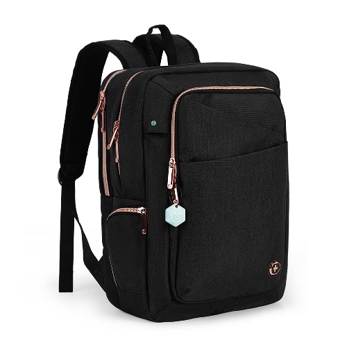 Swissdigital Katy Rose Women's Black with Rose Gold-Tone Zippers College Travel Laptop Backpack With Apple Find My network