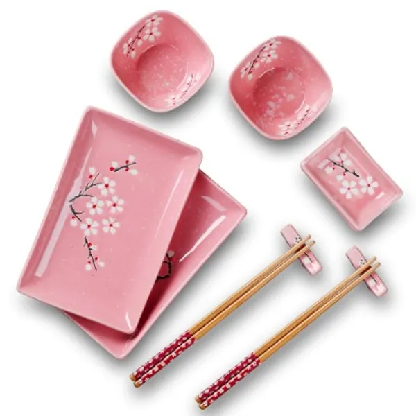 Panbado 10 stuks Sushi Plate Set, Porselein Sushi Sets Japanse Stijl, Geschenkdoos Inclusief 2 X Sushi Borden, 2 X Bowls, 2 X Dip Bowls, 2 X Chopstick Rest, 2 Paar Bamboe Eetstokjes. Roze