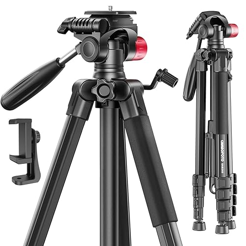 CAMBOFOTO 74"-Camera-Tripod, Porfessional Aluminum Heavy Duty Tripod Stand for Mirrorless Camera/DSLR/Cell Phone/Camcorder, with Holder and Travel Bag - 74 inch - Black