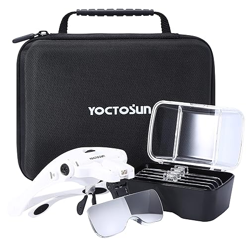 YOCTOSUN Magnifying Glasses with Light, Head Mount Magnifier with 5 Lenses, Headband, Storage Case, Hands Free LED Lighted Head Magnifying Visor for Close Work Hobby Crafts - Led Head Magnifier with Storage Case