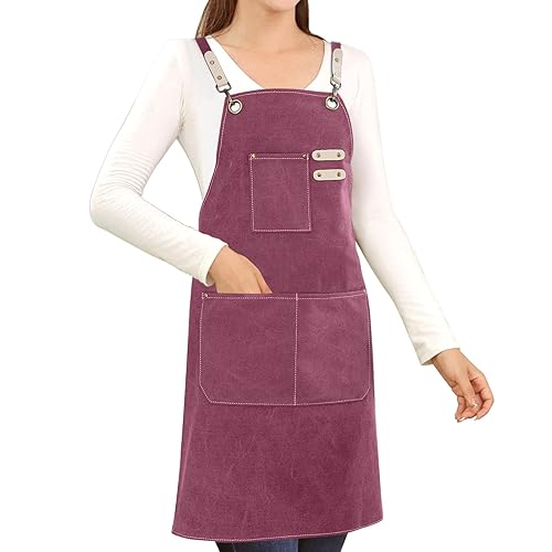 Cotton Canvas Cross Back Apron for Art Painting Garden Chef Bartender Work,Women Men 3 Pockets Waterproof Adjustable M-XXL - Purple