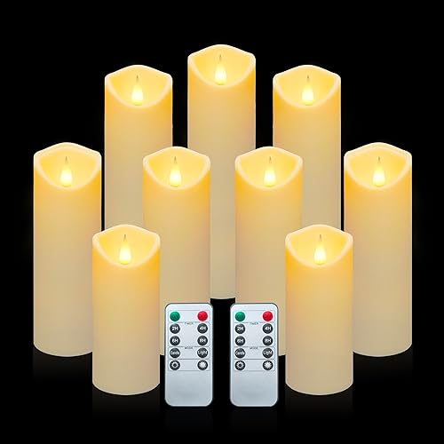 Aignis Flameless LED Candles Battery Operated with 10-Key Remote and Timer, Indoor Heat Resistant for Home/Wedding/Holiday Décor, Exquisite Set of 9(D 2.2" x H 5"/6"/7") - Ivory