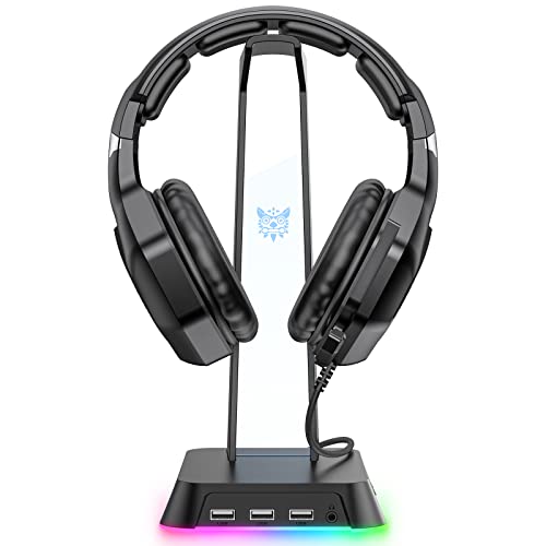 SOSISU RGB Headphones Stand with 3.5mm AUX and 3 USB 2.0 Ports, Gaming Headset Holder Hanger with Non-Slip Rubber Base for SOSISU Gaming Headset(Not Included), PC, Desktop (Black) - Black,Multi-color