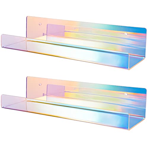 NiHome 2PCS Iridescent Wall Mounted Clear Acrylic Floating Shelves, Attom Tech 15" Thick Invisible Wall Ledge Bookshelf Kids Book Display Shelves for Home, Office, School, Business - Big - Rectangle Iridescent 2 Pack