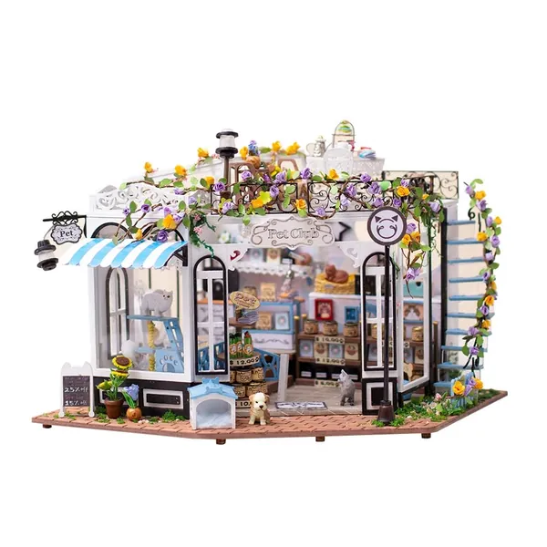 Miniature Joy House Kit Pet Shop - DIY Miniature Dollhouse Kit - Tiny House Building Kit - DIY Miniature Kit with Furniture - DIY House Kit for Adults - Creative Miniature Craft Kits ( No Dust Cover) - 