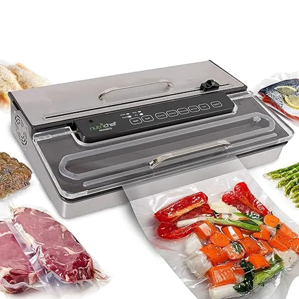 NutriChef PKVS50STS Commercial Grade Vacuum Sealer Machine-400W Automatic Double Piston Pump Air Machine Meat Packing Storage Preservation Sous Vide w/Dry Wet Seal, Vac Roll Bags, Extra Large, Silver