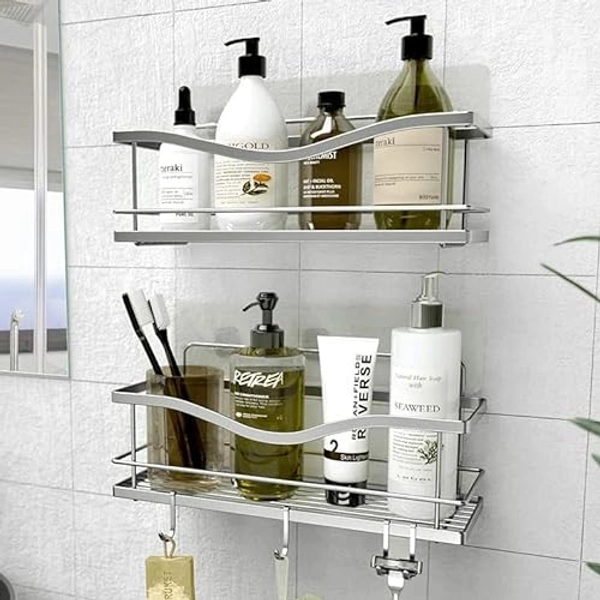 Shower Shelves 2-Pack - Self Adhesive Caddy with 4 Hooks - No Drill Large Capacity Stainless Steel Wall Shelf - Aesthetic Organizer for Inside Bathroom - Silver
