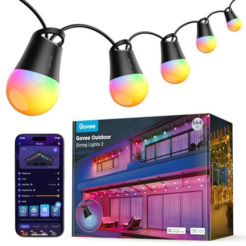 Govee Smart Outdoor String Lights 2, 144ft RGBIC Outdoor Lights with Dimmable Warm White LED Bulbs for Halloween, 47 Scene Modes for Patio, Backyard, IP65 Waterproof, Works with Alexa, App Control - 144ft