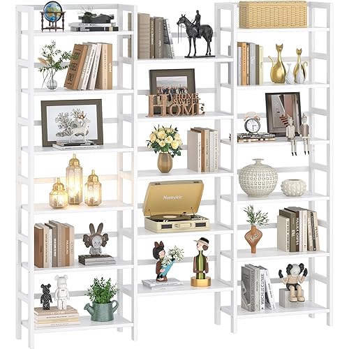Homykic Bamboo Triple Wide Shallow Bookshelves and Bookcases, 6-Tier 6ft Tall Bookshelf with 17 Open Display Shelves, Super Large Freestanding Book Shelf for Home Office, Bedroom, Living Room, White - Triple Wide - White