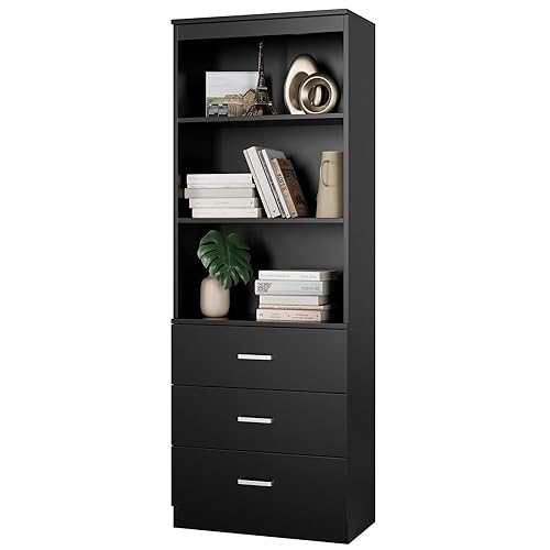 FOTOSOK 71 Inches Tall Storage Cabinet, Bookcase with 3 Drawers and 3-Tier Open Shelves, Wooden Bookshelf Storage Organizer for Living Room, Study, Kitchen, Home Office, Black - Black