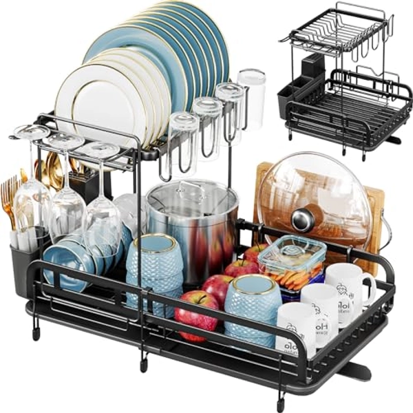 Urackify 2 Tier Dish Drying Rack, Expandable Dish Rack, Extandable Dish Drainer for Kitchen Counter with Drainboard, Plate Rack Organizer with Utensil Holder, Wine Glass Holder