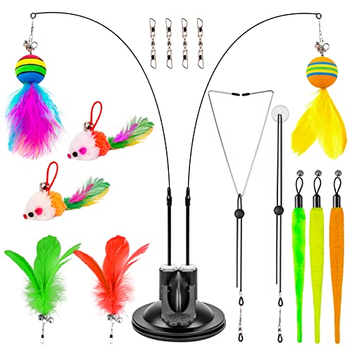 Cat Toys, 2 Cat Wands Interactive Kitten Toys for Indoor Cats, Cat Wand Toy 2 Slots Super Suction Cup with 9 Replacement Teasers, Hanging Retractable Cat Feather Toys with Bells
