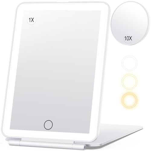 Travel Makeup Mirror with 10X Magnifying Mirror, Vanity Mirror with 80LEDs, 3 Color Lighting, Rechargeable 2000mAh Batteries, Portable Ultra Slim Lighted Makeup Mirror, Travel Essential for Women - White