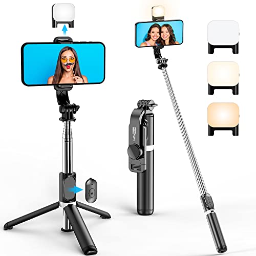 Portable 41 Inch Selfie Stick Phone Tripod with Wireless Remote Extendable Tripod Stand 360 Rotation Compatible with iPhone 14 13 12 11 pro Xs Max Xr X 8 7 6 Plus, Android Samsung Smartphone - Black & With Light