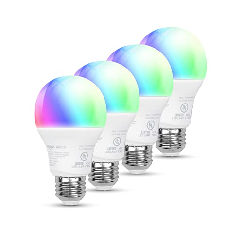 Amazon Basics Smart A19 LED Light Bulb, red, green, blue, white. color changing, 2.4 GHz Wi-Fi, 7.5 W 60W Equivalent 800LM, Works with Alexa Only, 4-Pack, Certified for Humans - Color Changing - 4 Pack