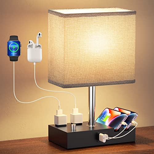 Kakanuo Fully Dimmable Nightstand Lamp for Bedroom with USB C Ports, Grey Small Bedside Table Lamp with Charging Outlets and Phone Stands, Wooden Desk Lamp for Living Room, LED Bulb Included - 1 Pack - A-Grey with Knob Switch