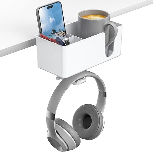 KDD 4 in 1 Desk Cup Holder - Clamp on Under Desk Headphone Hanger - Rotating Headphone Holder Detachable Pen Cup Holder Desk Storage for Cup, Phone and Pen(White) - White