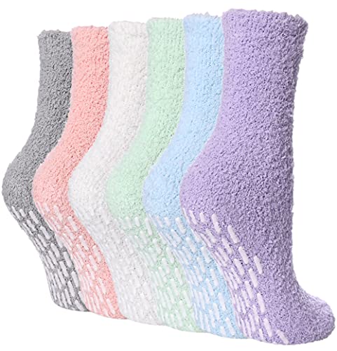 FNOVCO Non Slip Socks for Women Winter Warm Cozy Fuzzy Slipper Socks Soft Fluffy Hospital Socks with Grips - 6 Pairs Candy Color