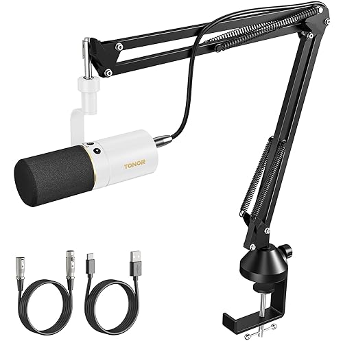 TONOR USB/XLR Microphone, Broadcast-quality Dynamic Studio PC Mic with Boom Arm for Podcasting Recording Gaming Streaming Singing Voice-Over Noise Rejection, with 3.5mm Headphones Jack TD510+, White - TD510 with Boom Arm - White
