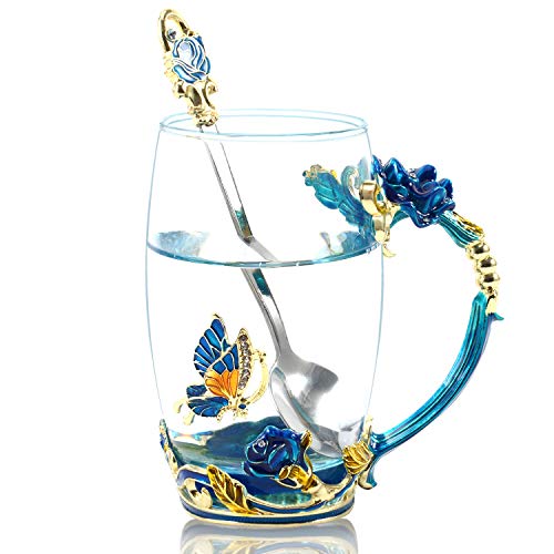 WOBOX 330ML Enamel Tea Cup Glass Coffee Mug Handmade Rose Flower Tea Mug for Valentine’s Day, Birthday, Christmas Gift with Stainless Steel Spoon Set - Blue-Tall