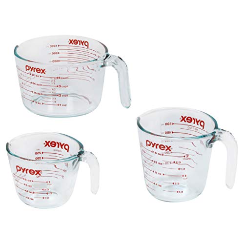 Pyrex 3 Piece Measuring Cup Set, Includes 1, 2, and 4 Tempered Glass Liquid Measuring Cups, Dishwasher, Freezer, Microwave, and Oven Safe, Essential Kitchen Tools - Measuring Cups