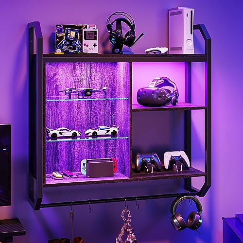 Bestier Gaming Floating Shelves, 34" LED Wall Mounted Shelf with Adjustable Glass Shelf, Pipe Shelves Hanging Display Rack Bookshelf with 6 S-Hook, Gaming Room Decor Wine Coffee Bar Black - Black