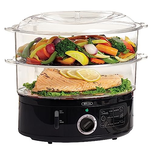 BELLA Two Tier Food Steamer with Dishwasher Safe Lids and Stackable Baskets & Removable Base for Fast Simultaneous Cooking - Auto Shutoff & Boil Dry Protection, 7.4 QT, Black