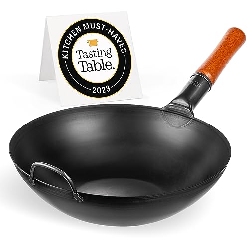 YOSUKATA Carbon Steel Wok Pan – 13,5 “ Stir Fry Pans - Chinese Wok with Flat Bottom Pow Wok - Traditional Japanese Woks - Black Carbon Steel - 13.5" - Black