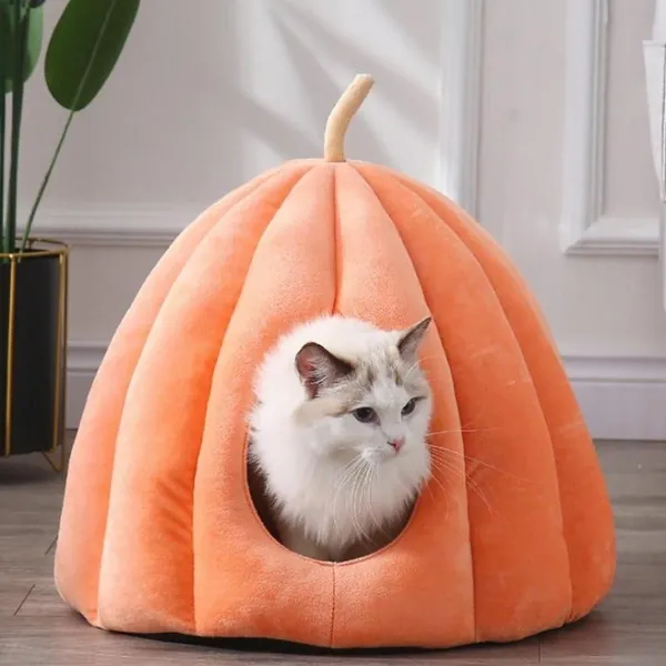 Pumpkin Cat Cave with Removable Cat Bed Cushion by Estilo Living - Orange / Medium: 40cm(D)  x 35cm(H) / 15.75"(D) x 13.78"(H)