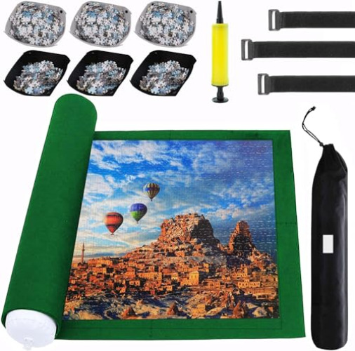 Puzzle Mat Roll Up for 3000 2000 1500 Pieces Jigsaw Puzzles, Large Portable Pad Table Non-Slip Board Saver Mats with 6 Sorting Trays, Inflatable Tube, 3 Straps, Keeper Storage Bag, Adults Kids Gifts - 3000 Pieces - Green
