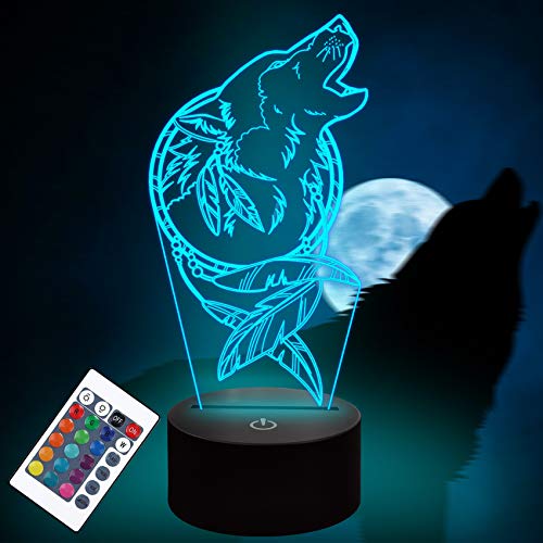 Lampeez Wolf Dream Catcher Illusion 3D lamp,Wolf Gifts Kids 3D Night Light Optical Illusion Lamp with 16 Colors Changing Remote Birthday Xmas Valentine's Day Gift Idea for Wolves Fan Boys Girls