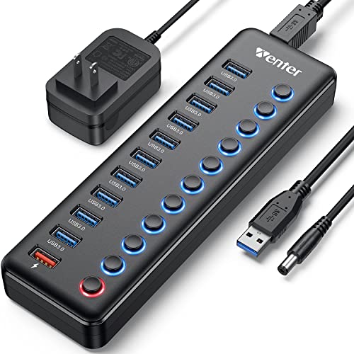 Powered USB Hub, Wenter 11-Port USB Splitter Hub (10 Faster Data Transfer Ports+ 1 Smart Charging Port) with Individual LED On/Off Switches, USB Hub 3.0 Powered with Power Adapter for Mac, PC - 10 USB 3.0 ports + 1 Charging port