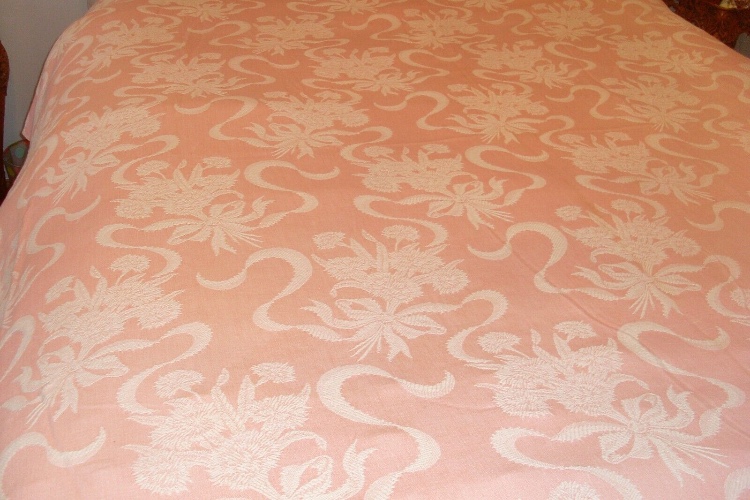 Vintage Reversible 1940s Bates Coverlet Pink on White Flower Bouquets, Ribbons