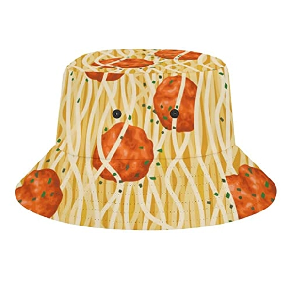Spaghetti Meatballs Pattern Fisherman's Hat Sun Protection Wide Brim Fishing Cap for Summer Travel Beach