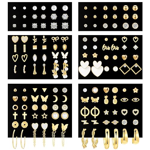 70 Pairs Gold Stud Earrings Set for Women Multipack, Trendy Hypoallergenic Pearl Cubic Zirconia Multiple Piercings Earrings Packs, Chunky Hoops Earrings for Gift Jewelry - Gold1