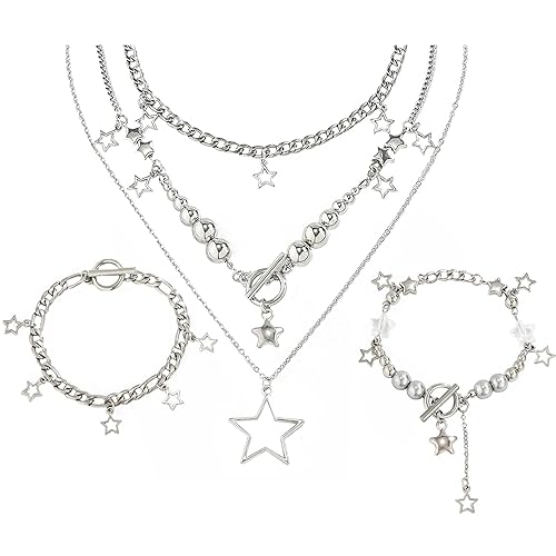 2 Pieces Silver Star Necklace Y2K Jewelry Set Grunge Necklace Kawaii Cute Necklaces Aesthetic Vintage Emo Jewelry - Silver 1